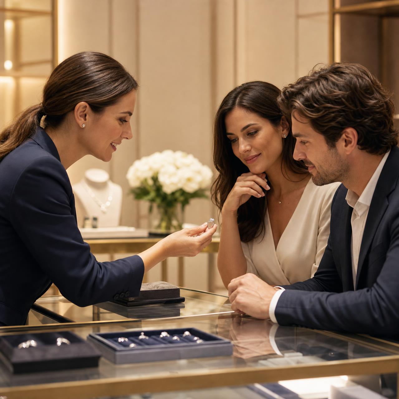 A diamond specialist presenting a ring to a couple in a luxury Havella boutique